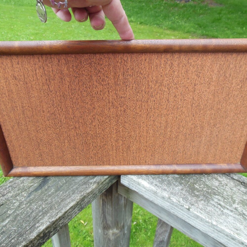 tray wooden serving display felted back framed wood grain formica insert 1960s